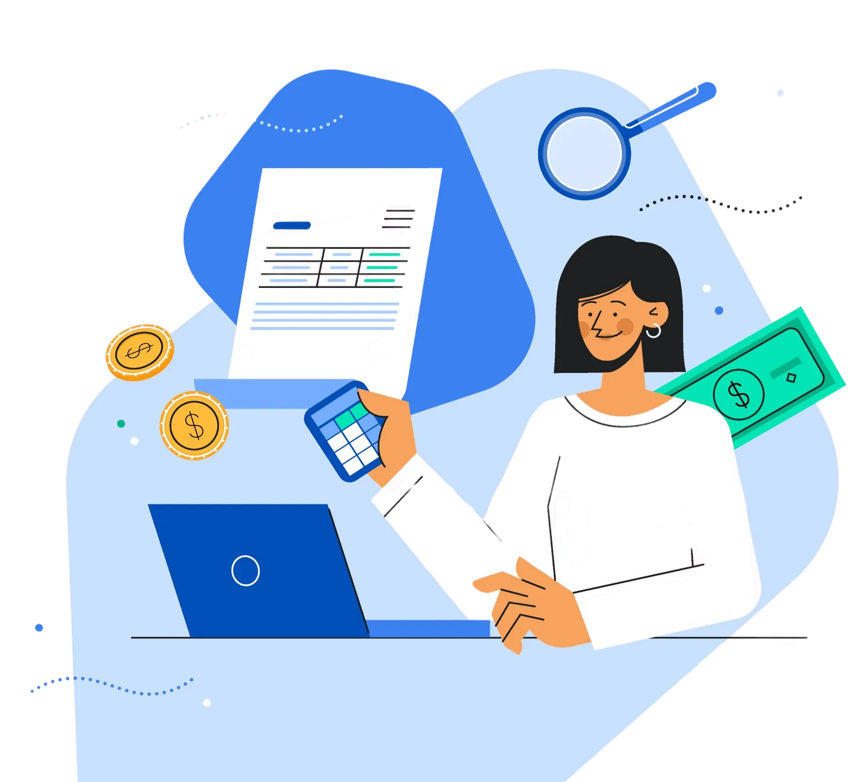Professional managing accounts with laptop, documents, and finance icons